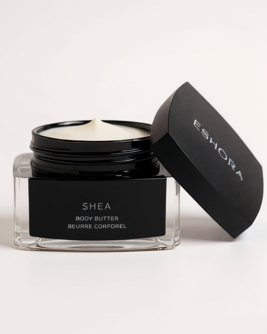 Luxury shea body butter Australia - Pamela Blaney and Eshora natural moisturiser in black glass jar with premium packaging