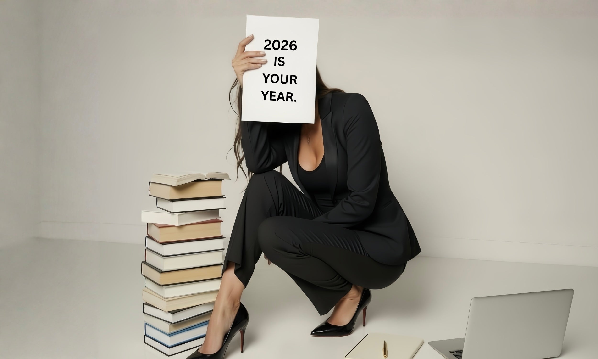 Pamela Blaney in a black suit holding a sign with '2026 is your year' text, sitting on books with a laptop.